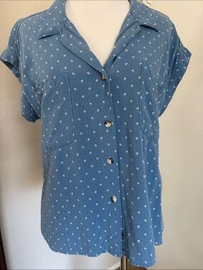 Blue Short-Sleeve Button Front Women's Top